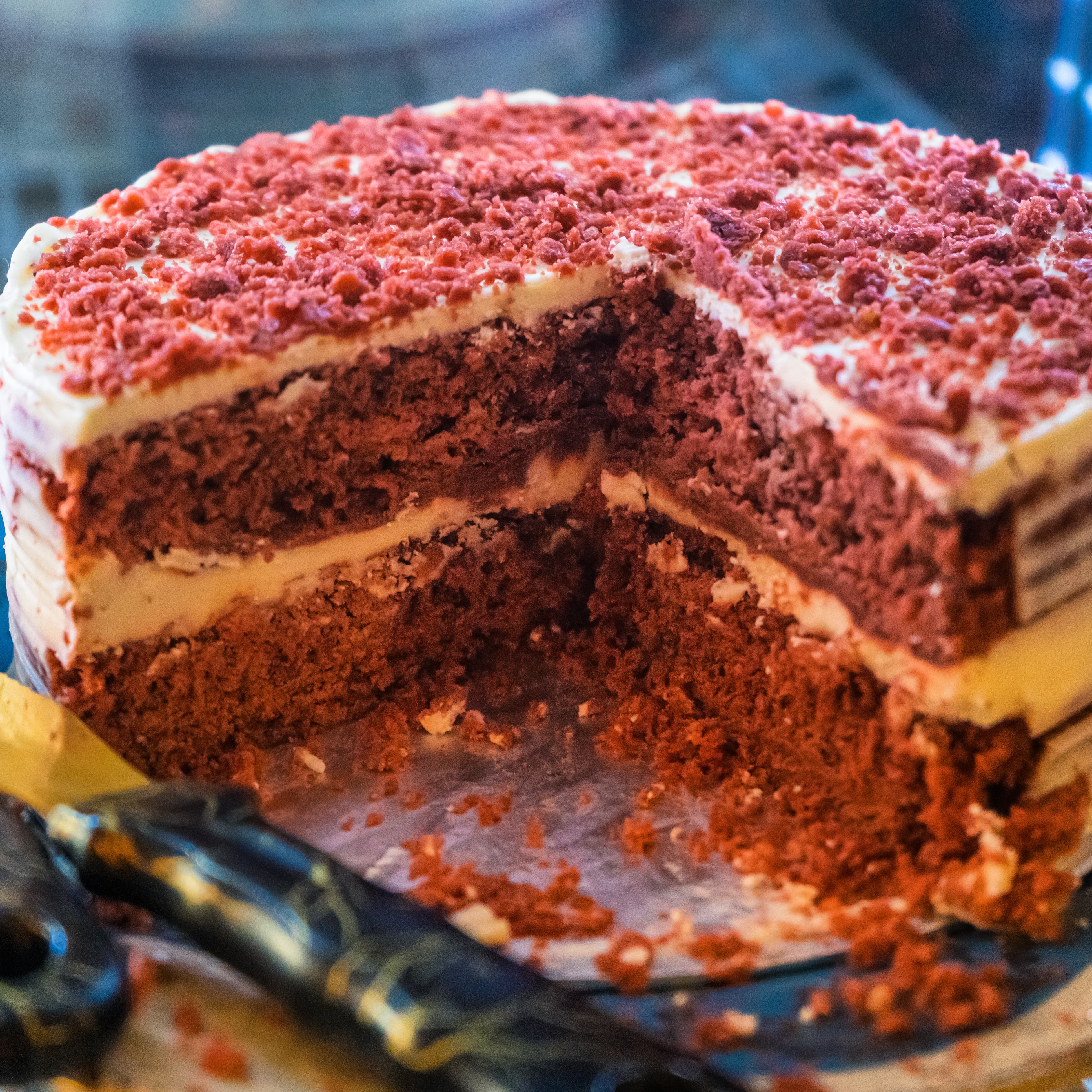 A red velvet cake with cream cheese frosting at O'Tweat, a halal restaurant in Jette, Belgium.