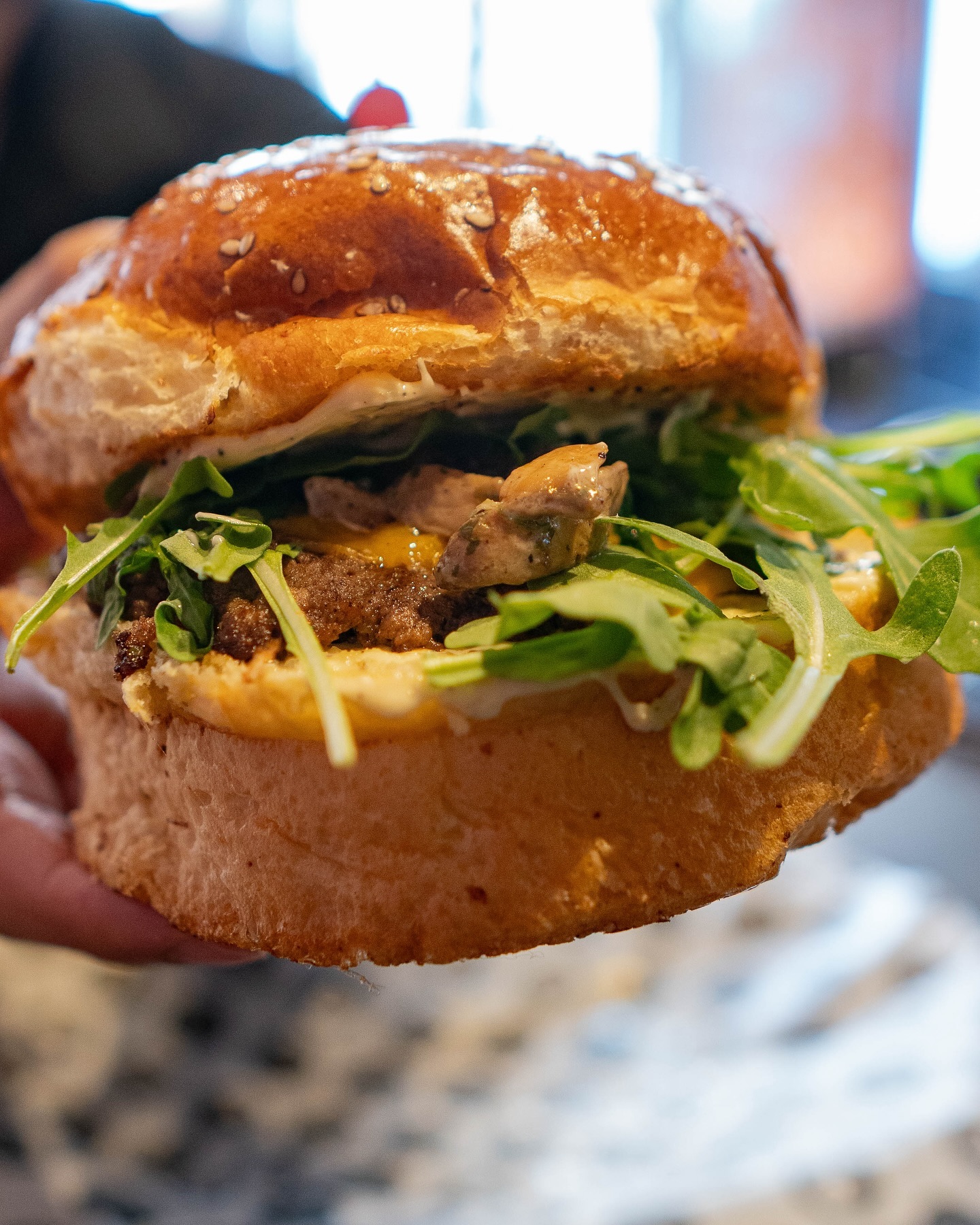 A burger with arugula and mushrooms at Food Korner, a halal restaurant in Anderlecht, Belgium.