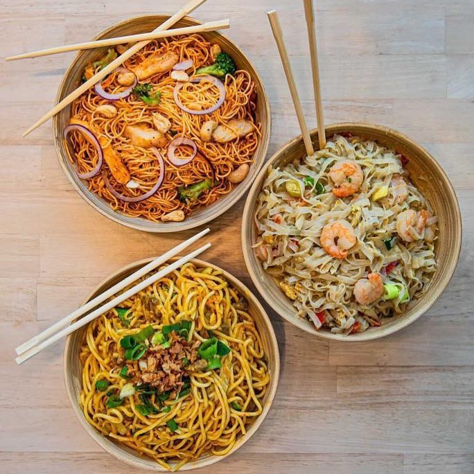 A variety of noodle dishes at YouWok, a halal restaurant in Wijnegem, Belgium.