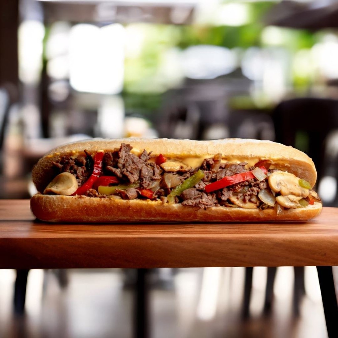 A cheesesteak sandwich with beef, peppers, and mushrooms at Philly Sandwish Bar, a halal restaurant in Antwerpen, Belgium.