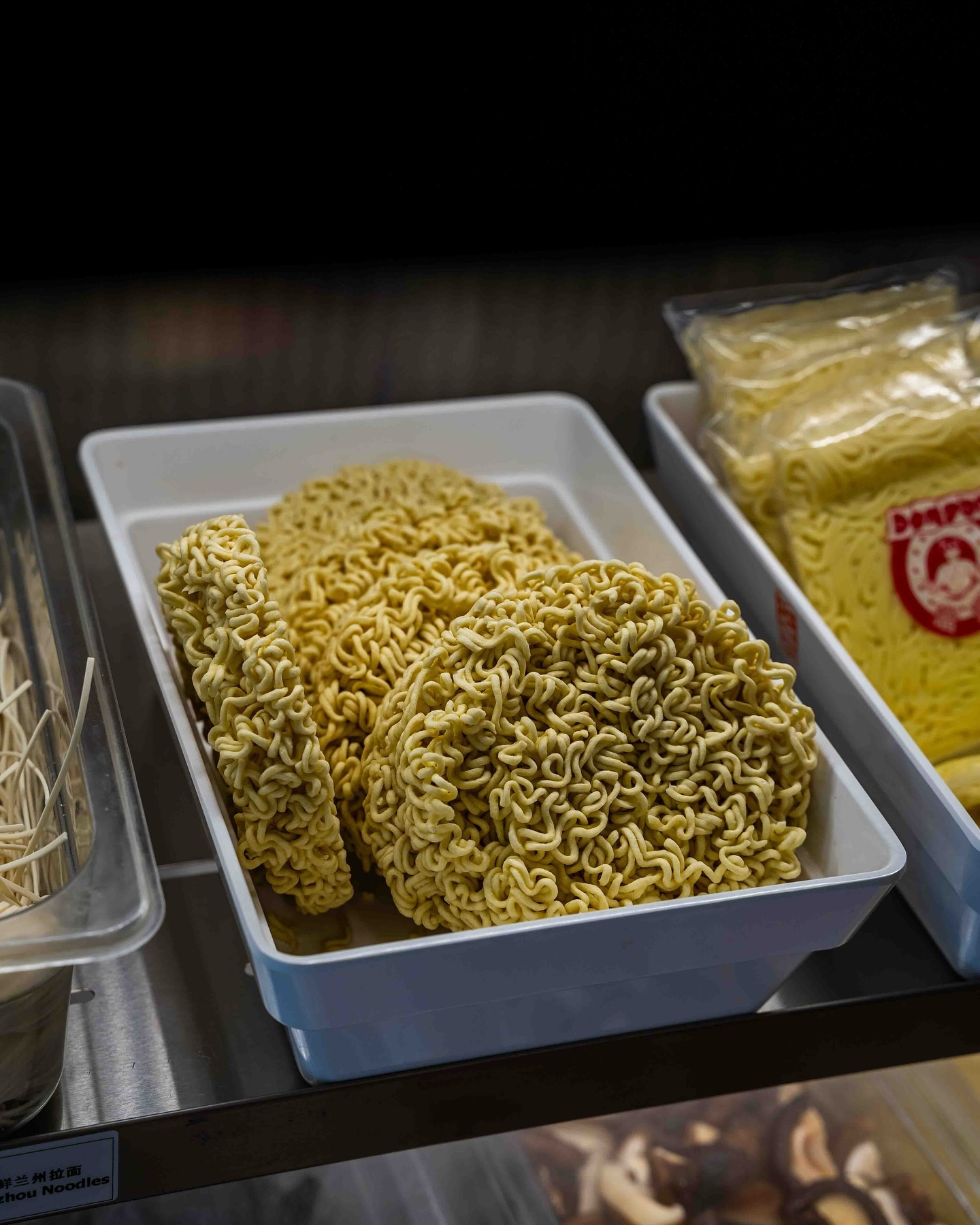 A tray of uncooked instant noodles at ZLMLT, a halal restaurant in Rotterdam, Netherlands.